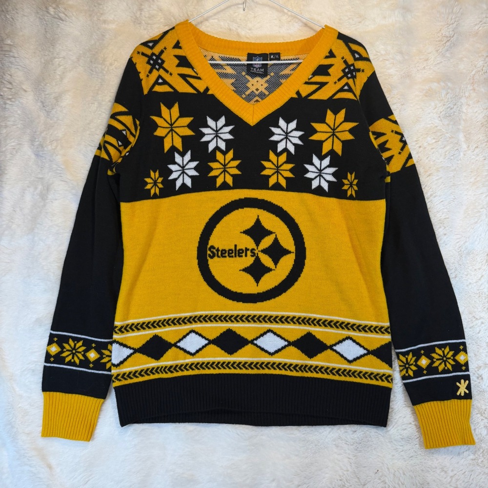 NFL Pittsburgh Steelers Sweater V Neck Long Sleeve Yellow Black Men's XL